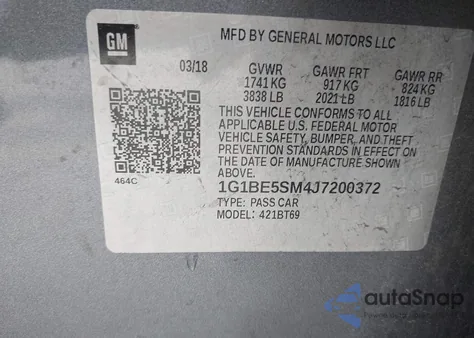 2018 Chevrolet Cruze Lt Auto z USA, uszkodzony, nr VIN 1G1BE5SM4J7200372